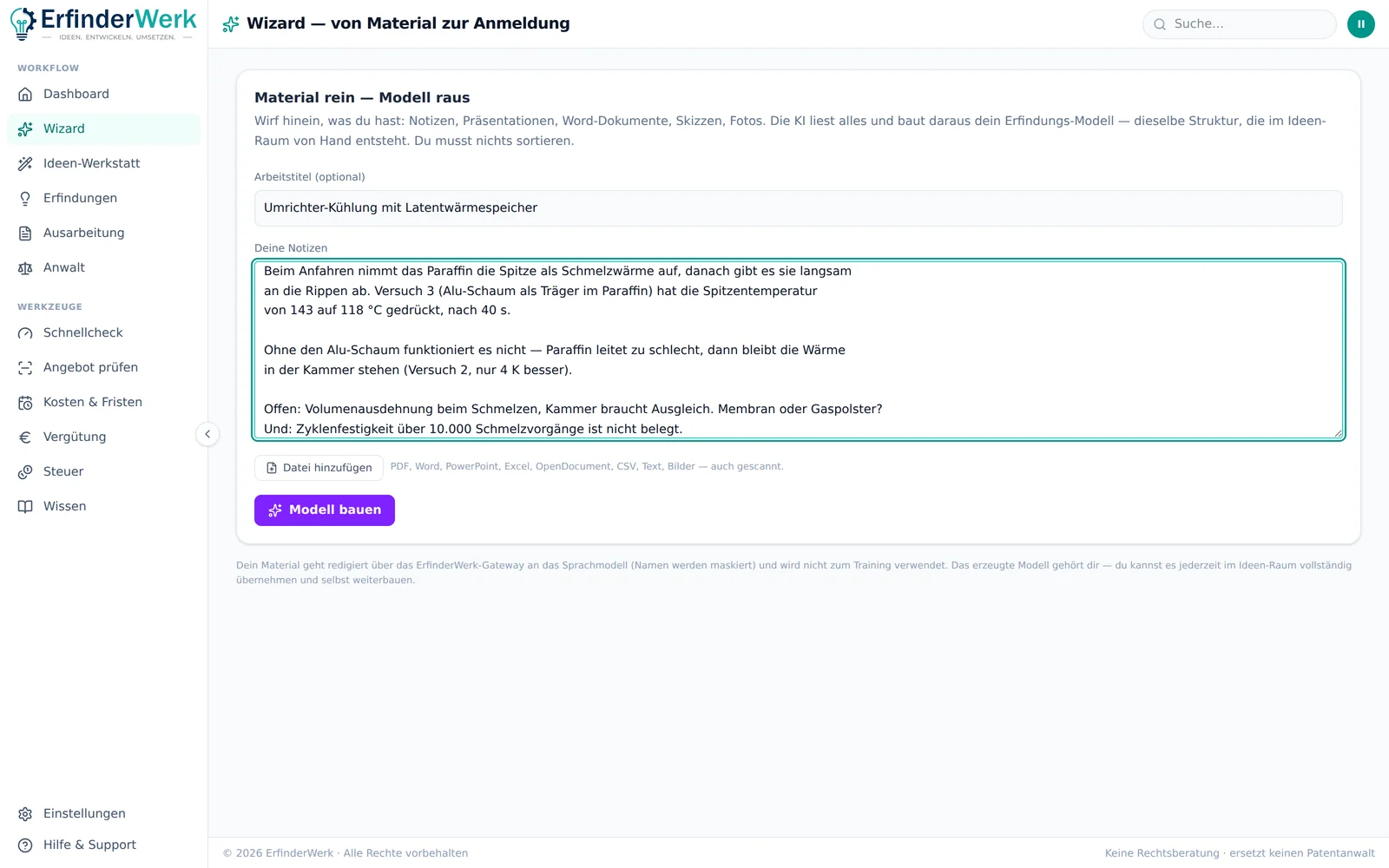 ErfinderWerk: Rohe Notizen vom Prüfstand, so getippt, wie sie entstanden sind. Mehr braucht der Start nicht.