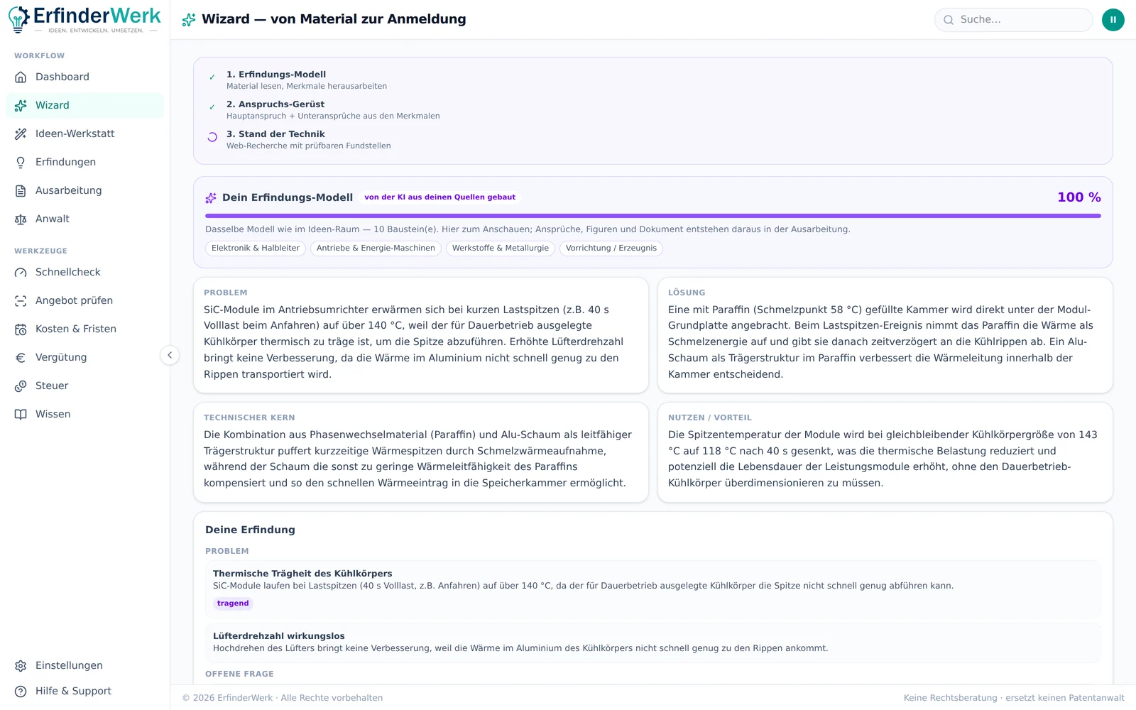 ErfinderWerk: Material rein, Modell raus: aus losen Notizen baut die KI ein strukturiertes Erfindungs-Modell, dieselbe Struktur wie im Ideen-Raum.