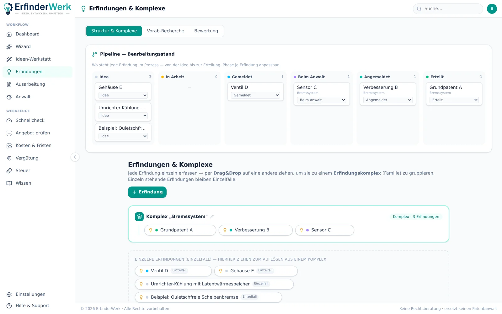 ErfinderWerk: Erfindungen von der Idee bis zur Erteilung, gruppiert zu Erfindungskomplexen, mit sichtbarem Bearbeitungsstand.