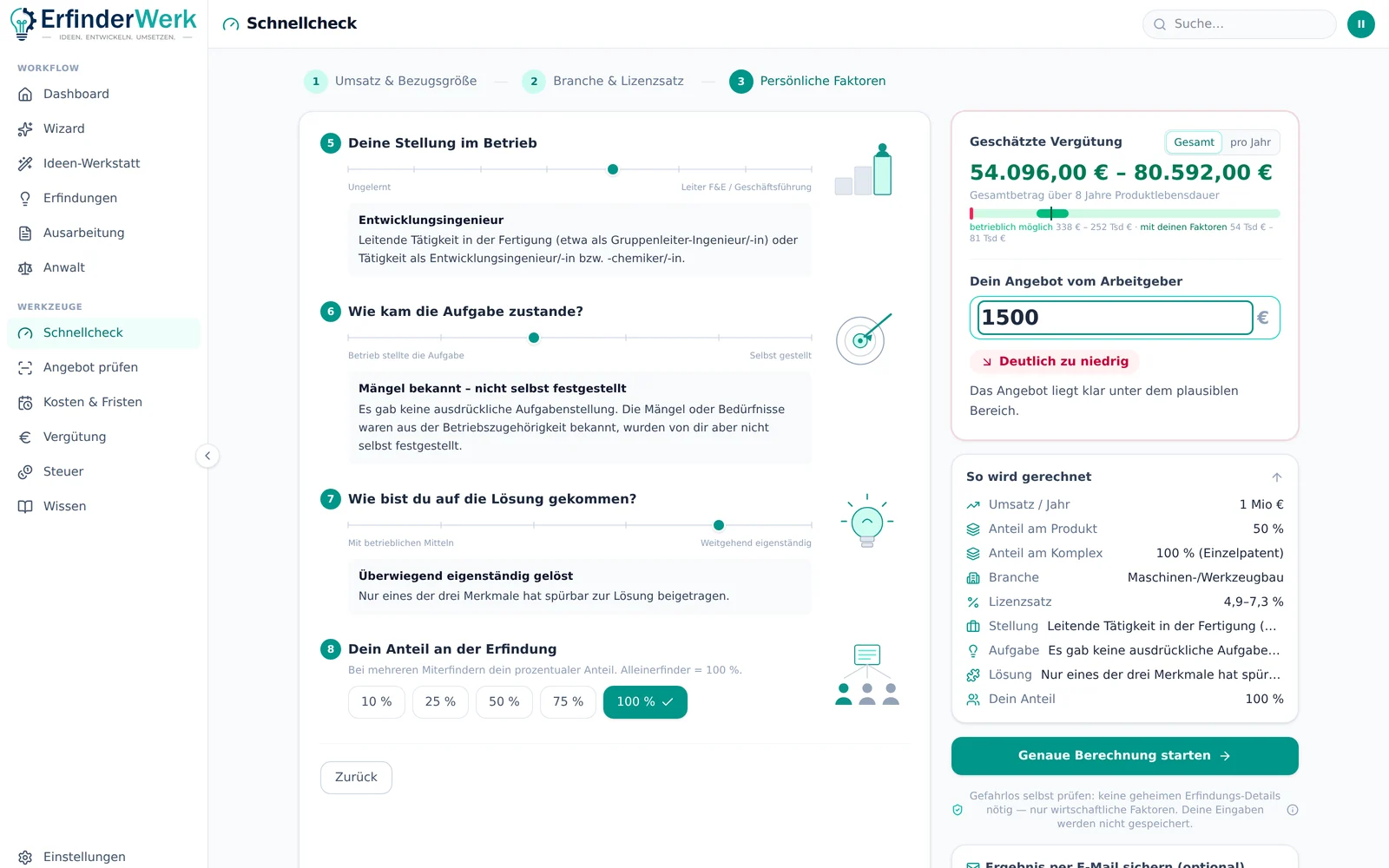 ErfinderWerk: Vergütungs-Schnellcheck: die Größenordnung der Arbeitnehmererfindervergütung in wenigen Minuten, mit Umsatzverlauf und Bezugsgrößen.
