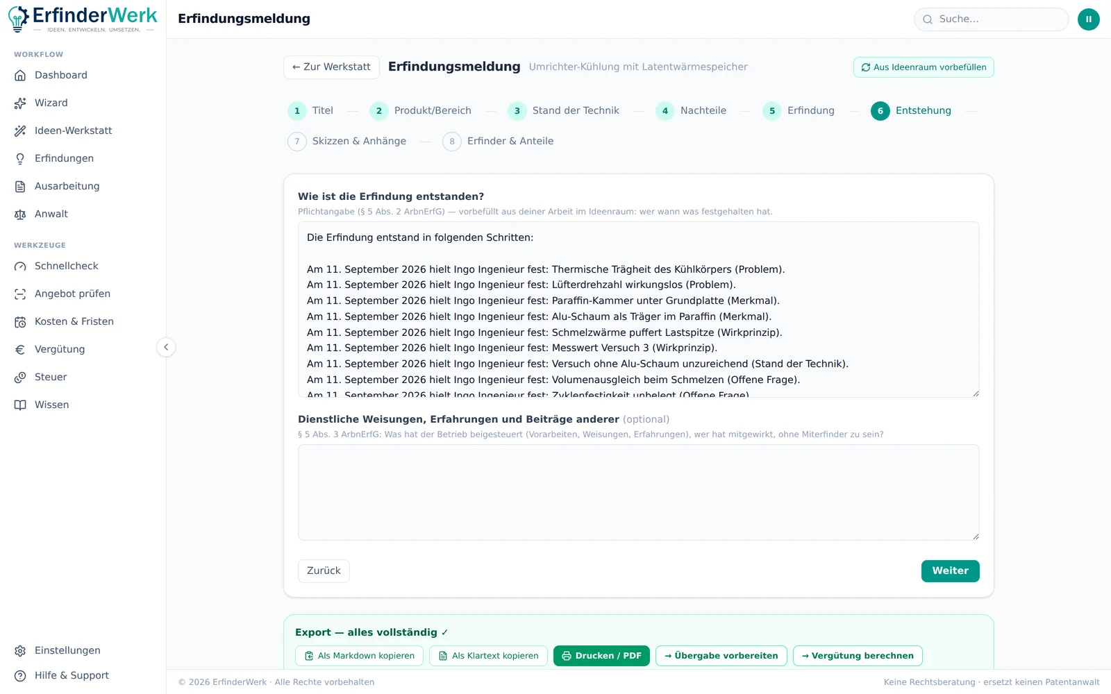 ErfinderWerk: Acht Schritte zur Erfindungsmeldung nach § 5 ArbnErfG, aus dem Ideen-Raum vorbefüllt, mit Miterfindern und Anteilen.